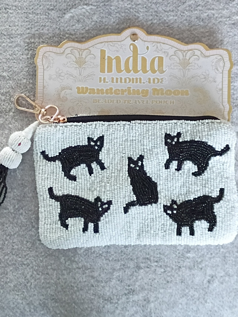 India Handmade White Beaded Travel Pouch with Black Cat Design